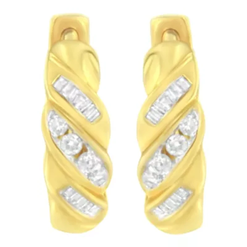 14K Yellow Gold 1/4 ct Alternating 3 Row Baguette & Diamond Huggy Hoop Earrings