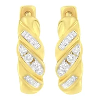 14K Yellow Gold 1/4 ct Alternating 3 Row Baguette & Diamond Huggy Hoop Earrings