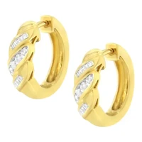 14K Yellow Gold 1/4 ct Alternating 3 Row Baguette & Diamond Huggy Hoop Earrings