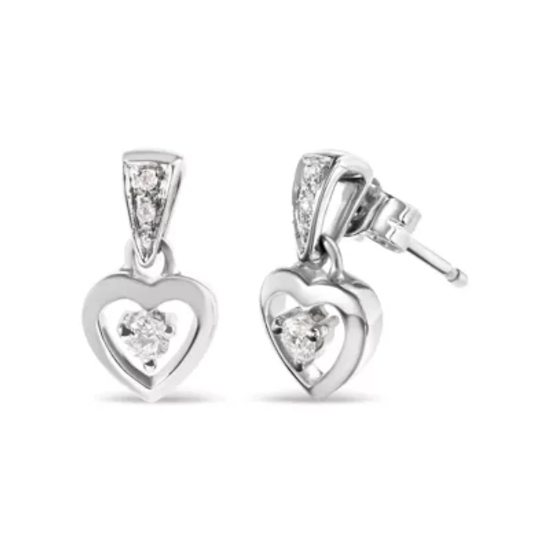 14K White Gold 1/6 Ct Diamond Dangle Heart Stud Earrings
