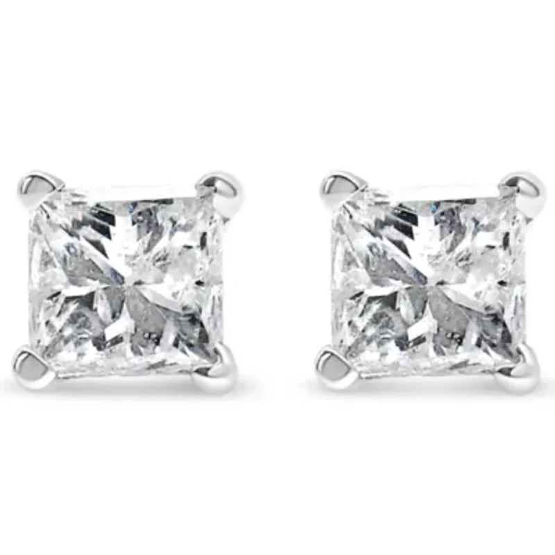 14K White Gold 3/8 Ct Princess Diamond Solitaire Stud Earrings