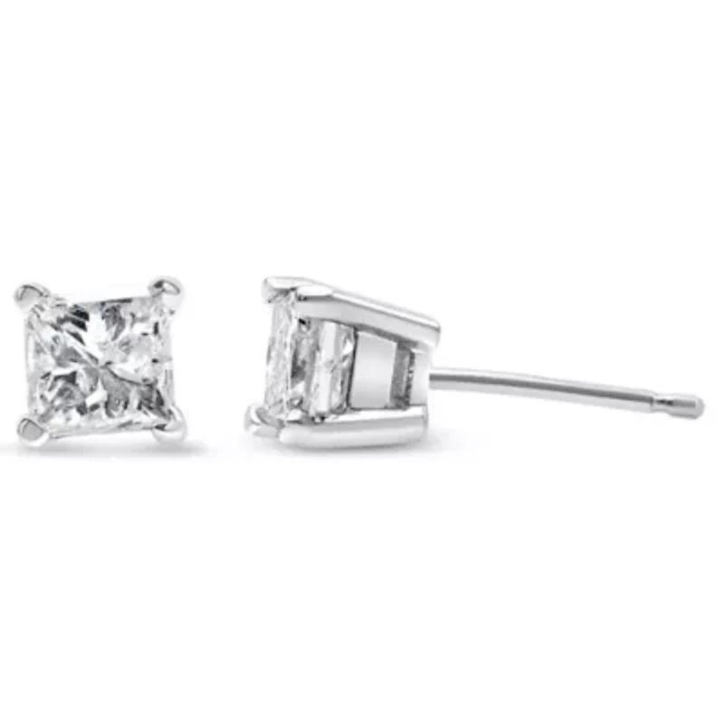 14K White Gold 3/8 Ct Princess Diamond Solitaire Stud Earrings
