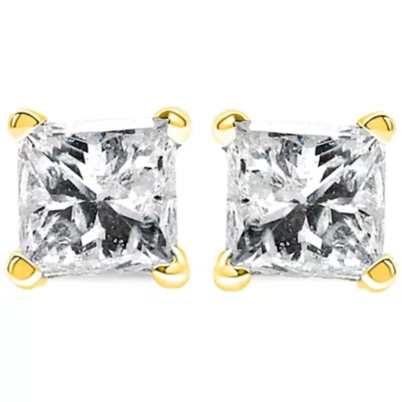 14K Yellow Gold 3/8 Ct Princess Near Colorless Diamond Solitaire Stud Earrings