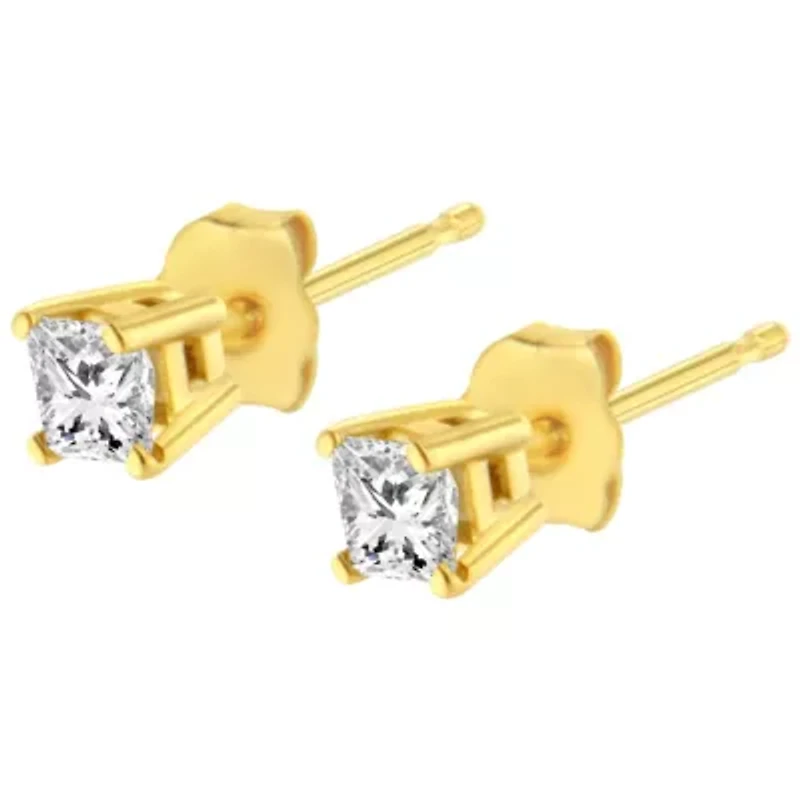 14K Yellow Gold 3/8 Ct Princess Near Colorless Diamond Solitaire Stud Earrings
