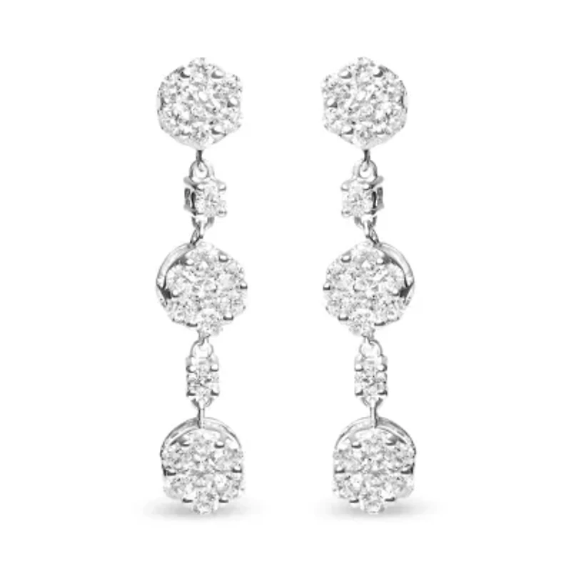 14K White Gold 2.00 Cttw Diamond Composite Cluster Floral Drop Earrings