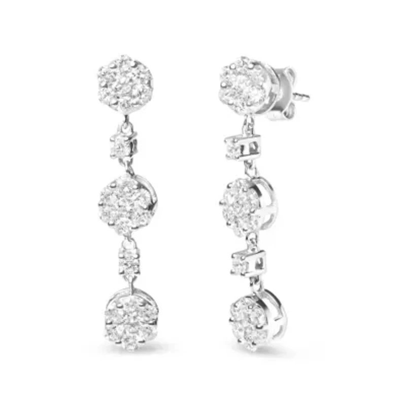 14K White Gold 2.00 Cttw Diamond Composite Cluster Floral Drop Earrings