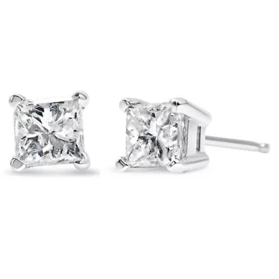 14K White Gold 1/3 Ct Princess Near Colorless Diamond Solitaire Stud Earrings