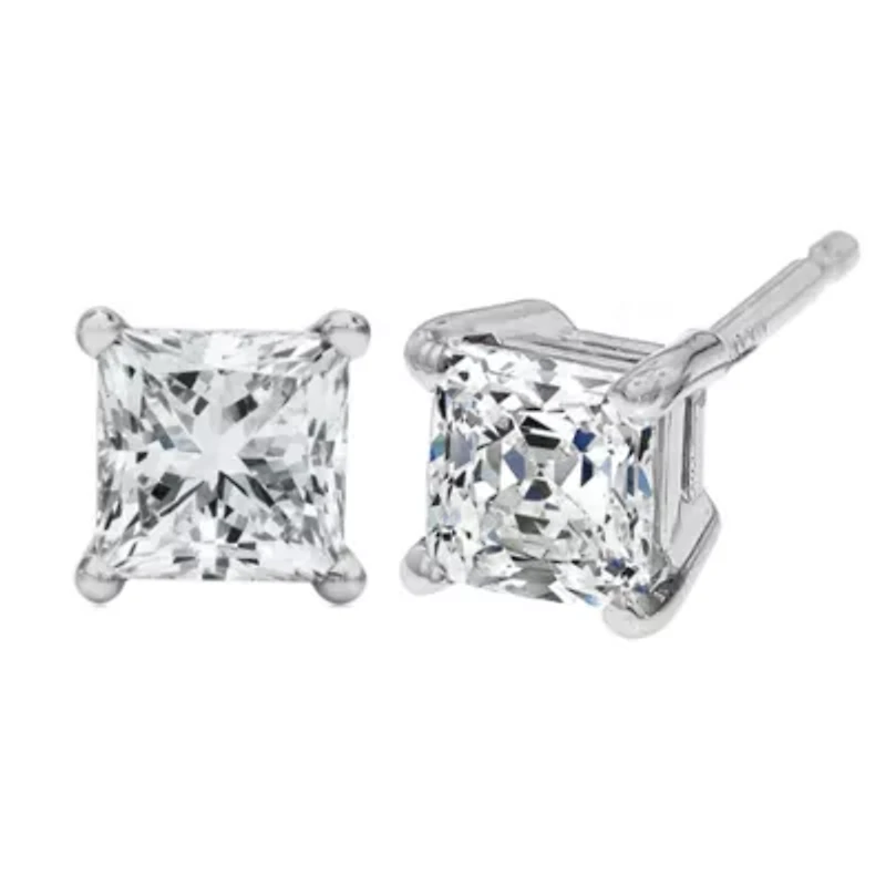Lab Created 14K White Gold / Ct Princess Lab Grown Diamond Solitaire Stud Earrings