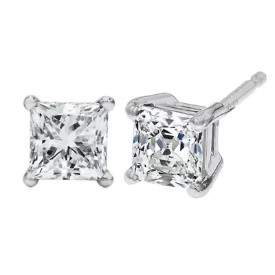 Lab Created 14K White Gold / Ct Princess Lab Grown Diamond Solitaire Stud Earrings