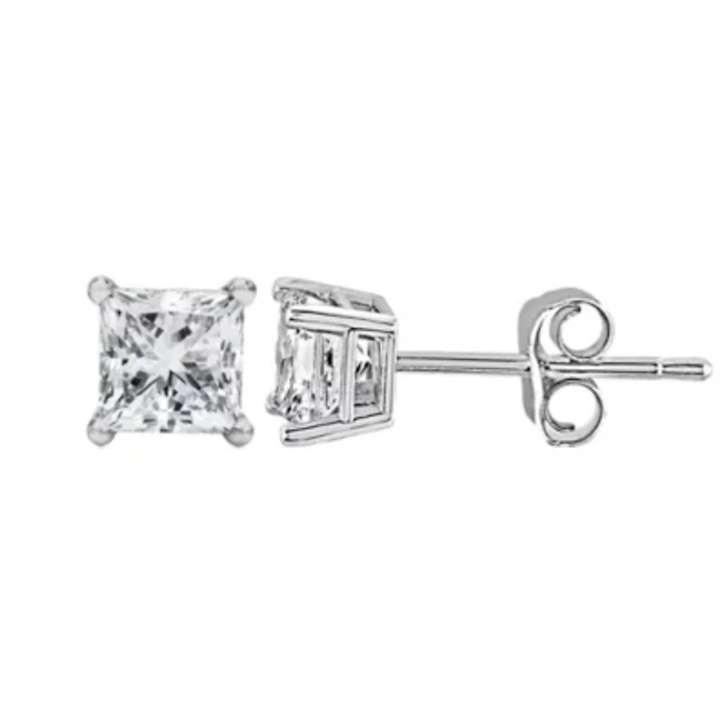 Lab Created 14K White Gold / Ct Princess Lab Grown Diamond Solitaire Stud Earrings