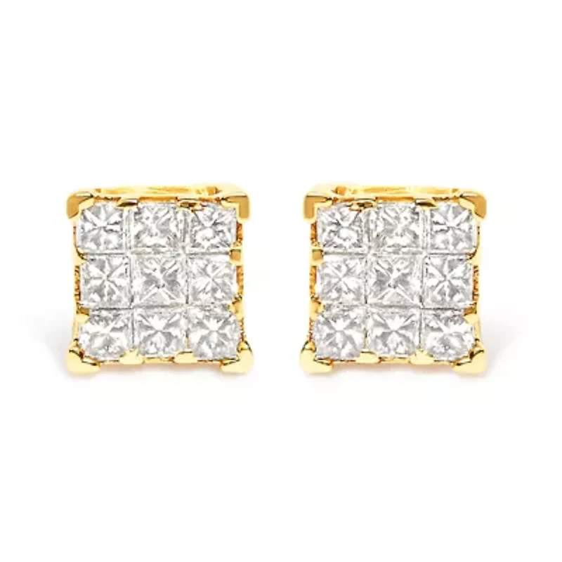 14K Yellow Gold 1/2 Ct Invisible Princess 9 Stone Square Stud Earrings