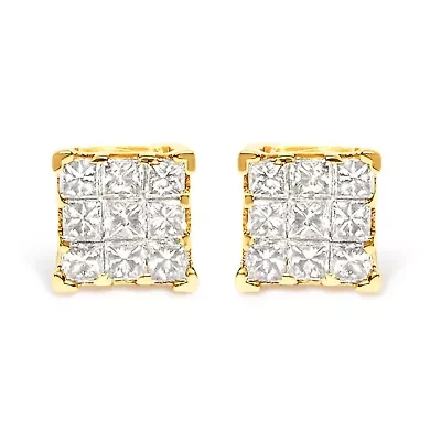 14K Yellow Gold 1/2 Ct Invisible Princess 9 Stone Square Stud Earrings