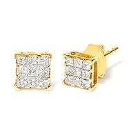 14K Yellow Gold 1/2 Ct Invisible Princess 9 Stone Square Stud Earrings