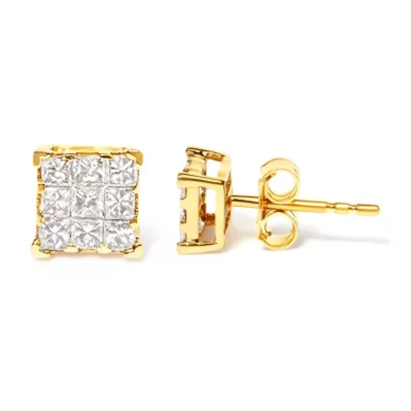 14K Yellow Gold 1/2 Ct Invisible Princess 9 Stone Square Stud Earrings