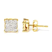 14K Yellow Gold 1/2 Ct Invisible Princess 9 Stone Square Stud Earrings