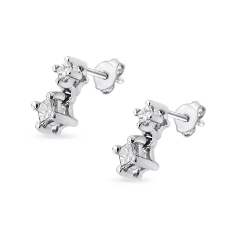 14K White Gold 1/4 Ct Double Diamond Drop and Dangle Stud Earrings