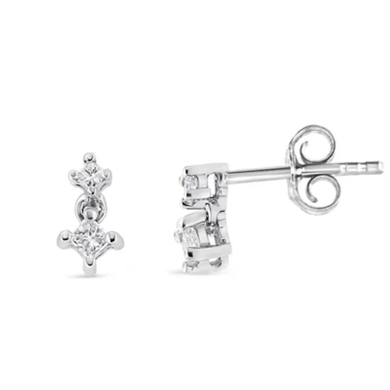 14K White Gold 1/4 Ct Double Diamond Drop and Dangle Stud Earrings