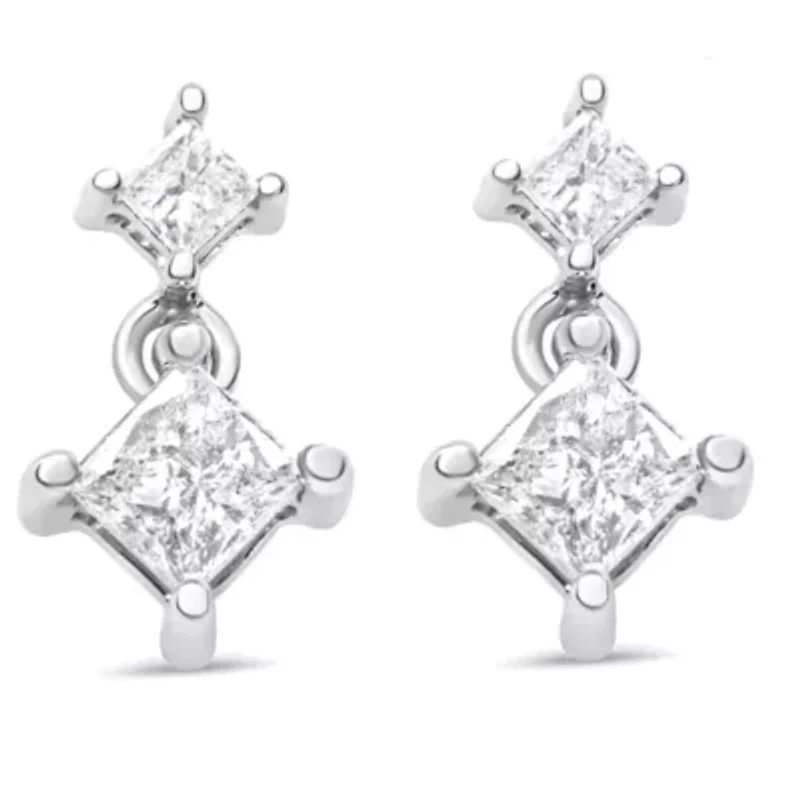 14K White Gold 3/8 Ct Diamond Double Dangle 2 Stone Stud Drop Earrings for Women