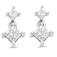 14K White Gold 3/8 Ct Diamond Double Dangle 2 Stone Stud Drop Earrings for Women
