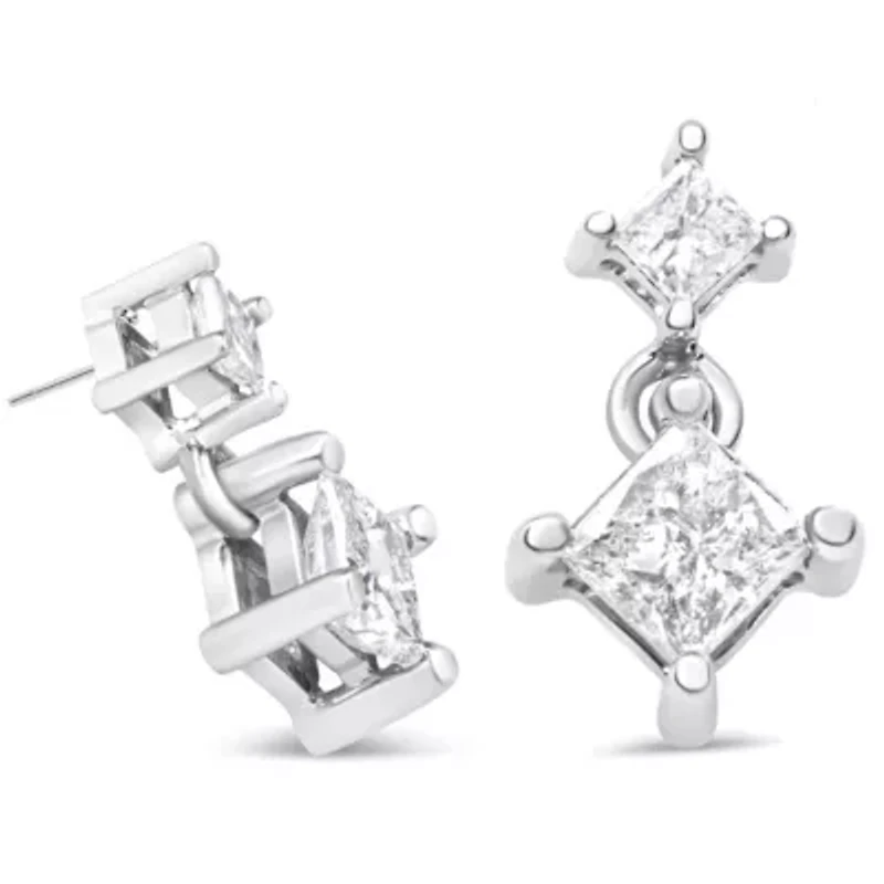 14K White Gold 3/8 Ct Diamond Double Dangle 2 Stone Stud Drop Earrings for Women