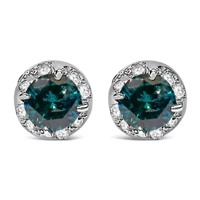 14K White Gold 1/2 Ct White and Blue Round Diamond Earrings
