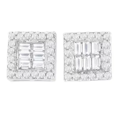 14K White Gold 1 cttw Round and Baguette Diamond Stud Earrings
