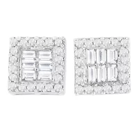 14K White Gold 1 cttw Round and Baguette Diamond Stud Earrings