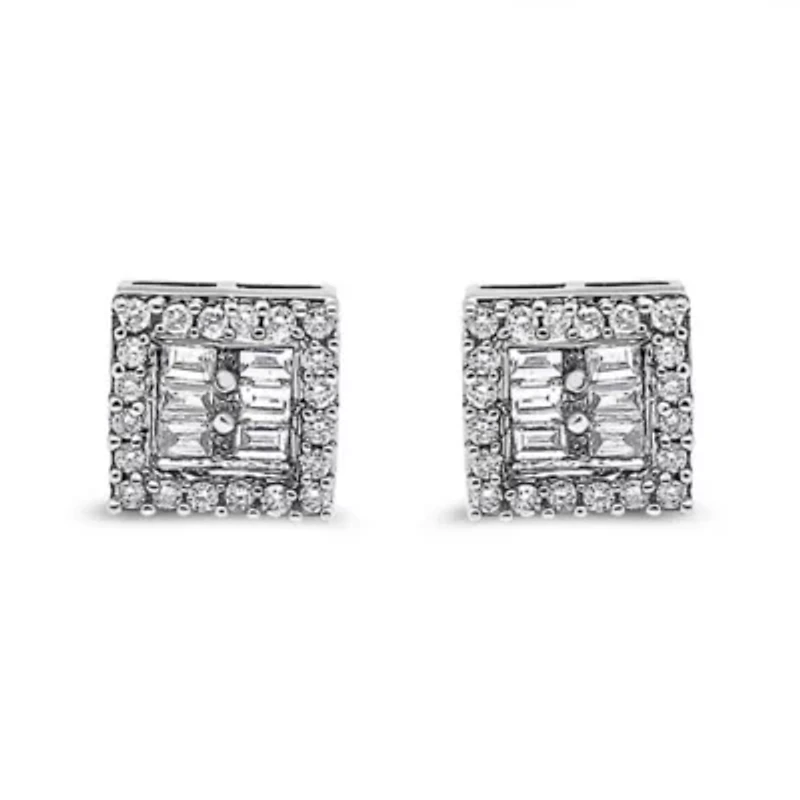 14K White Gold 1 cttw Round and Baguette Diamond Stud Earrings