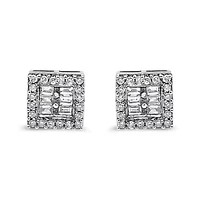 14K White Gold 1 cttw Round and Baguette Diamond Stud Earrings