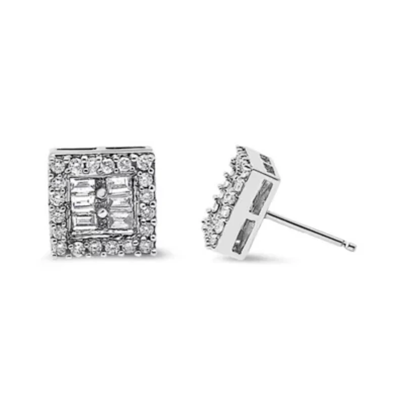 14K White Gold 1 cttw Round and Baguette Diamond Stud Earrings
