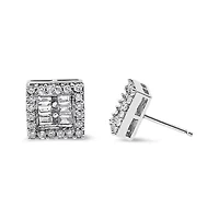 14K White Gold 1 cttw Round and Baguette Diamond Stud Earrings