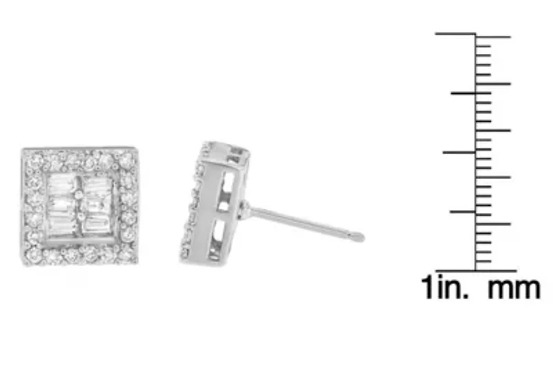 14K White Gold 1 cttw Round and Baguette Diamond Stud Earrings