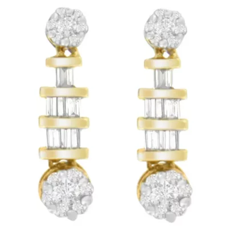 14K Yellow Gold 3/4ct. TDW Round and BaguetteDiamond Dangle Earrings