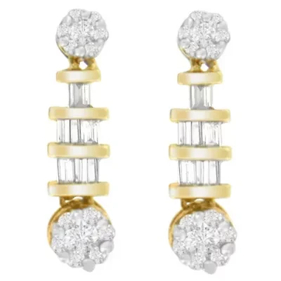 14K Yellow Gold 3/4ct. TDW Round and BaguetteDiamond Dangle Earrings