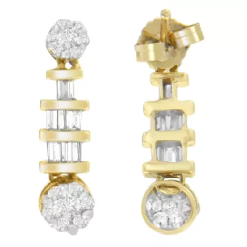 14K Yellow Gold 3/4ct. TDW Round and BaguetteDiamond Dangle Earrings