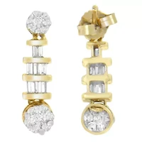 14K Yellow Gold 3/4ct. TDW Round and BaguetteDiamond Dangle Earrings