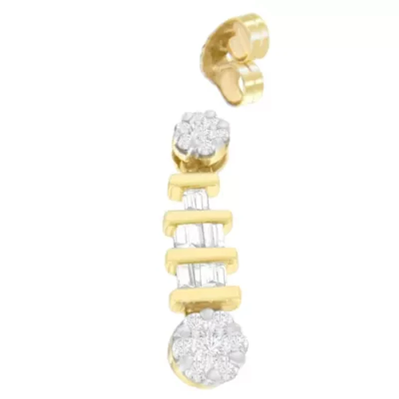 14K Yellow Gold 3/4ct. TDW Round and BaguetteDiamond Dangle Earrings