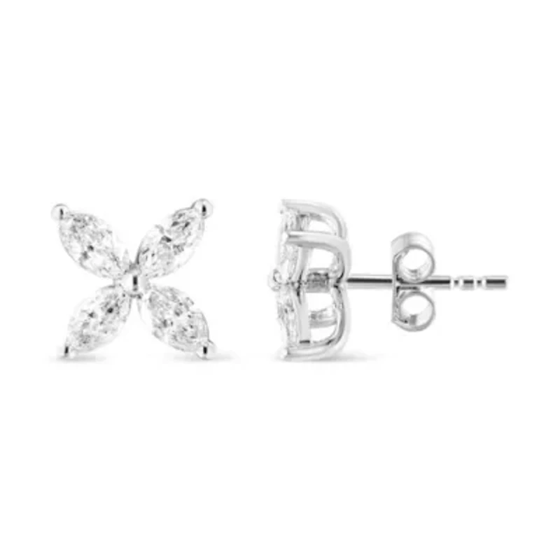 Lab Created 14K White Gold 1.0 Ct Lab Grown Marquise Diamond 8 Stone Floral Leaf Stud Earrings