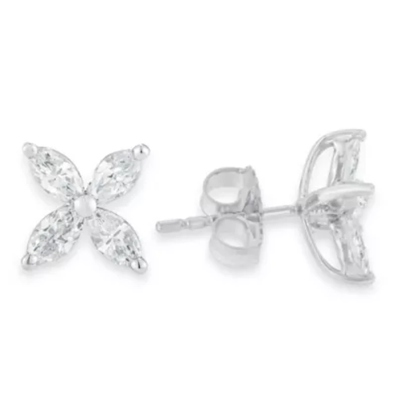 Lab Created 14K White Gold 1.0 Ct Lab Grown Marquise Diamond 8 Stone Floral Leaf Stud Earrings