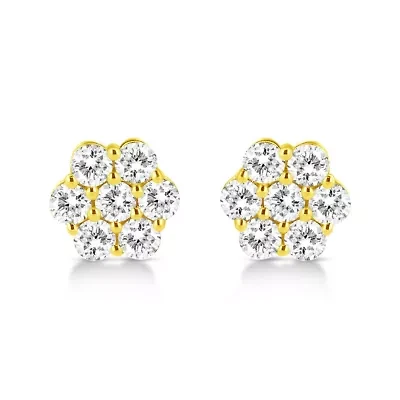 14K Yellow Gold 1/2 Ct Diamond Floral Cluster Stud Earrings with Pushbacks