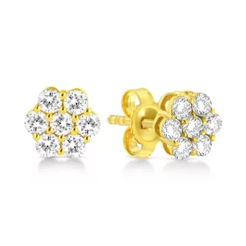 14K Yellow Gold 1/2 Ct Diamond Floral Cluster Stud Earrings with Pushbacks