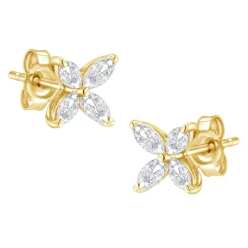 14K Gold 1/2 Ct Marquise Diamond 8 Stone Floral Leaf Stud Earrings