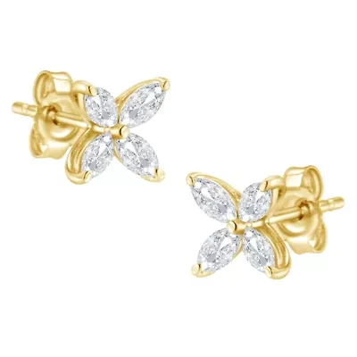 14K Gold 1/2 Ct Marquise Diamond 8 Stone Floral Leaf Stud Earrings