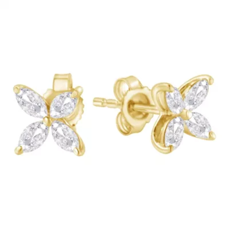 14K Gold 1/2 Ct Marquise Diamond 8 Stone Floral Leaf Stud Earrings