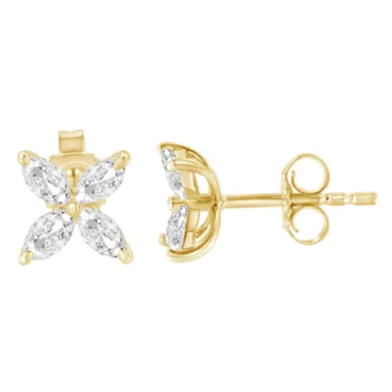 14K Gold 1/2 Ct Marquise Diamond 8 Stone Floral Leaf Stud Earrings