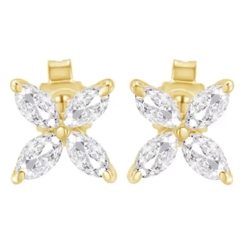 14K Gold 1/2 Ct Marquise Diamond 8 Stone Floral Leaf Stud Earrings