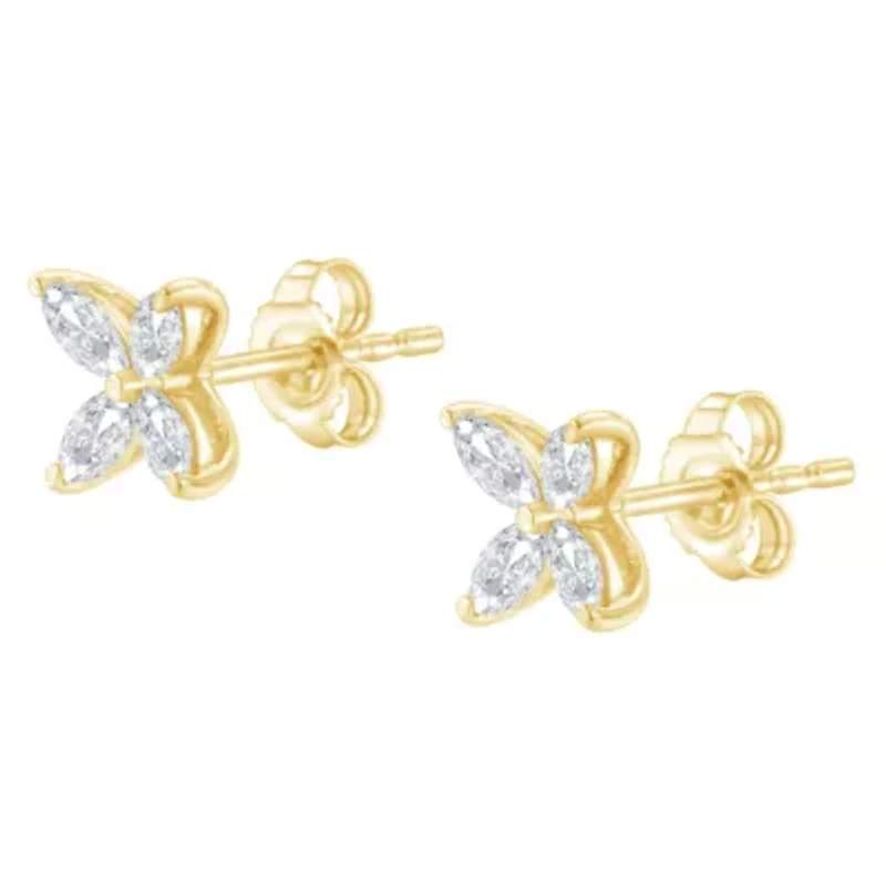 14K Gold 1/2 Ct Marquise Diamond 8 Stone Floral Leaf Stud Earrings