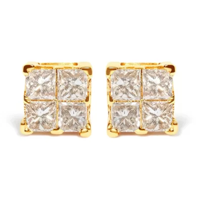 14K Yellow Gold 3/4 Ct Invisible Princess 4 Stone Square Stud Earrings