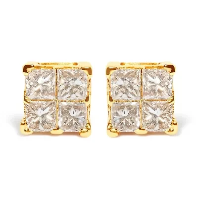 14K Yellow Gold 3/4 Ct Invisible Princess 4 Stone Square Stud Earrings