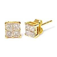 14K Yellow Gold 3/4 Ct Invisible Princess 4 Stone Square Stud Earrings